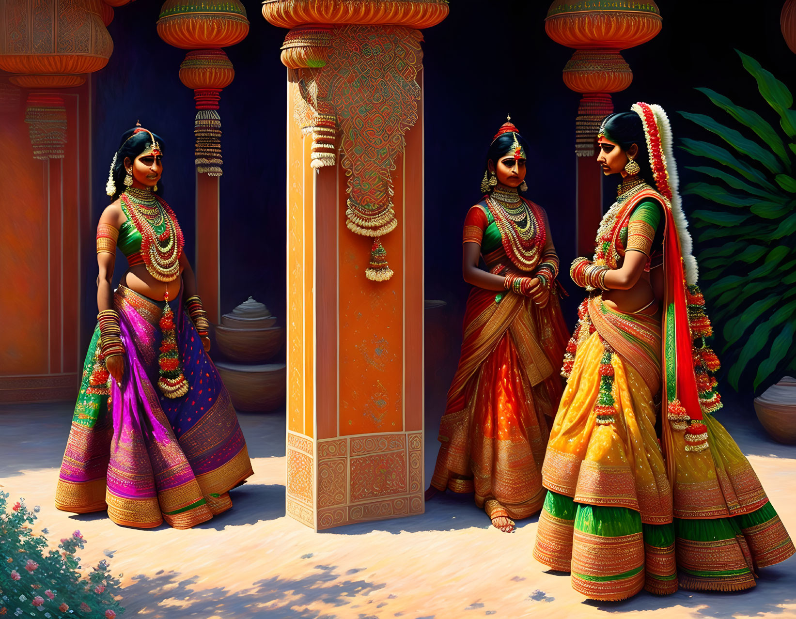 Traditional Indian Attire: Three Women Conversing in Ornate Courtyard