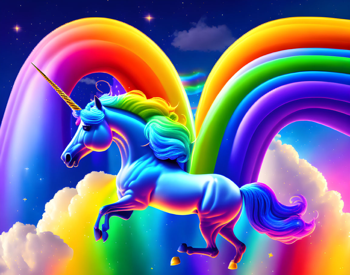 Colorful Unicorn Illustration with Rainbow Mane and Starry Sky
