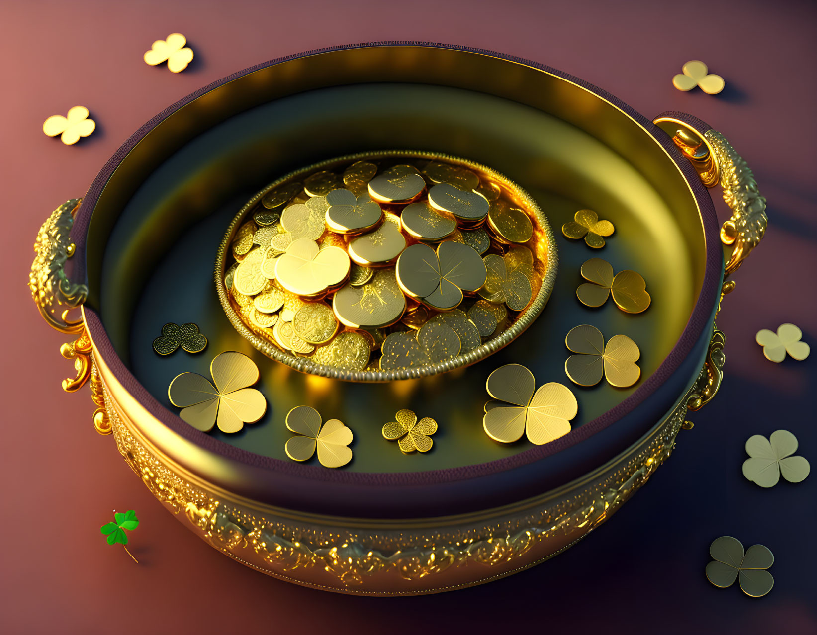 Decorative bowl with gold coins and clovers on reflective surface