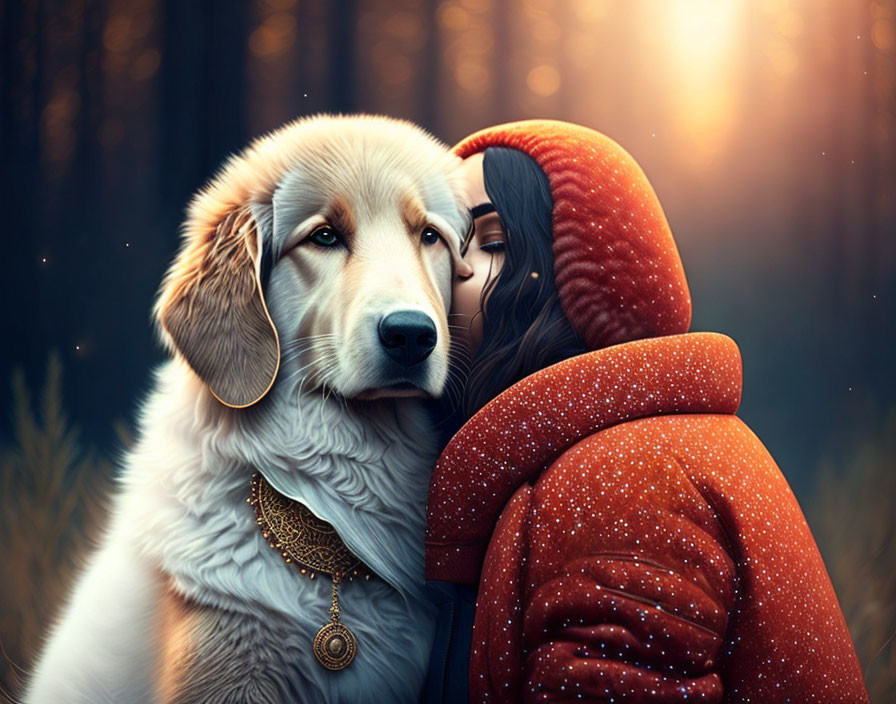 Woman in Red Hoodie Embracing Golden Retriever in Forest Sunset