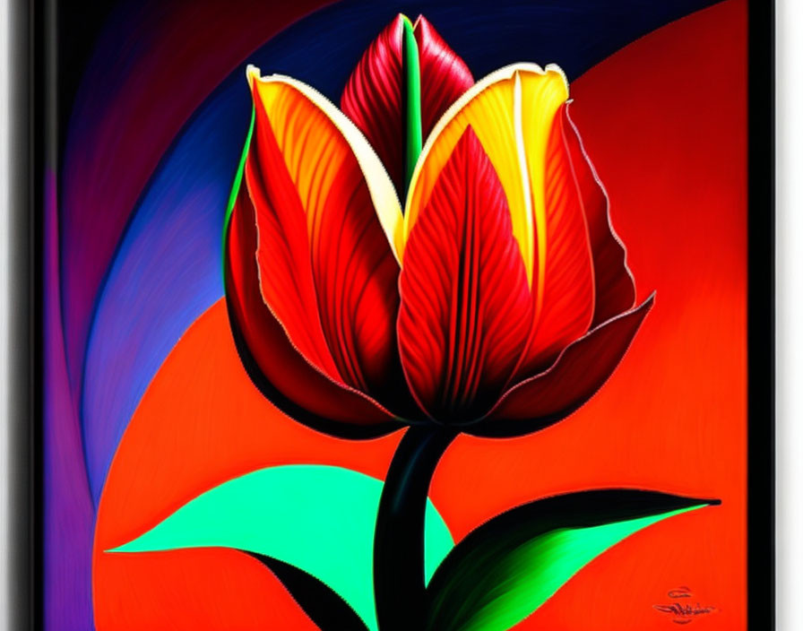 Colorful stylized tulip artwork with vibrant red, yellow, and black tones on blue backdrop