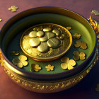 Decorative bowl with gold coins and clovers on reflective surface