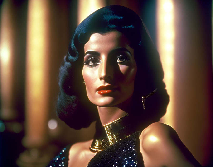 Dark-haired woman in vintage Hollywood style, glamorous makeup, sparkly dress and earrings.