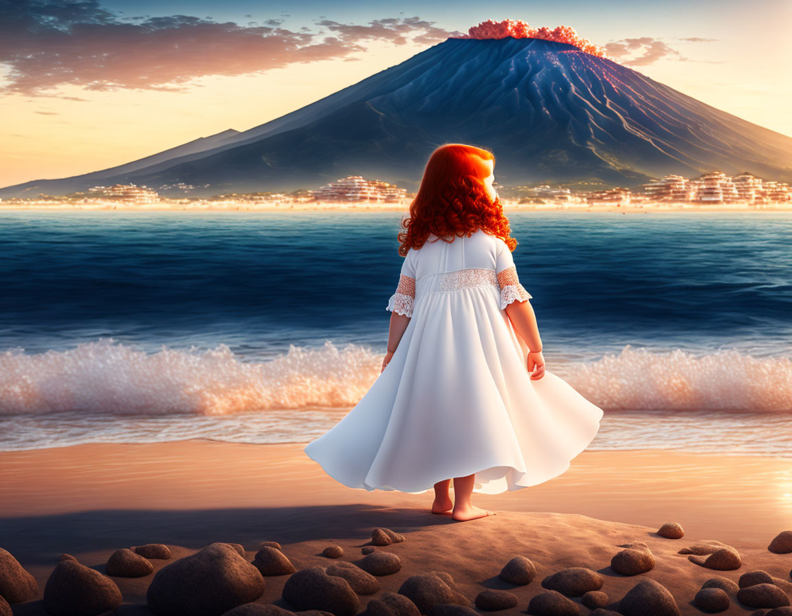 Girl in white dress gazes at fiery mountain sunset on rocky beach