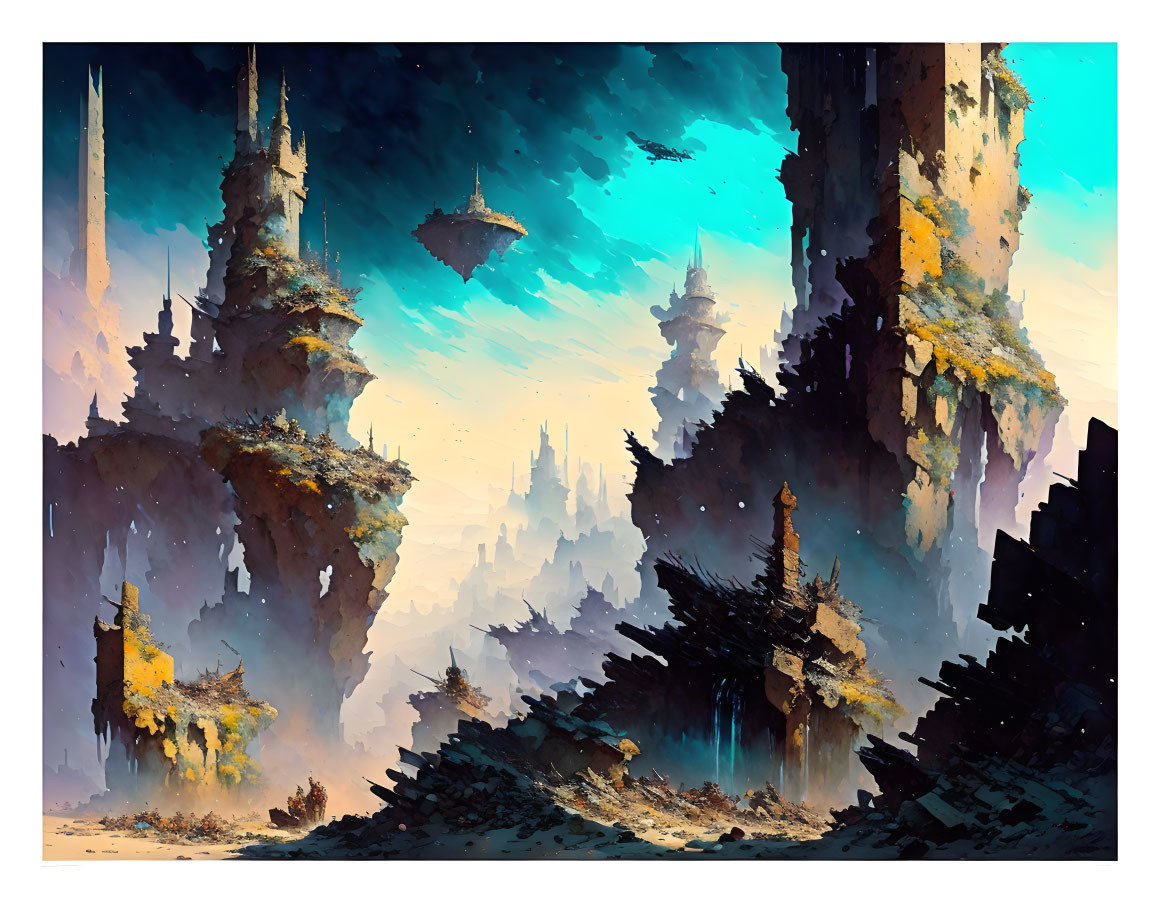 Futuristic sci-fi landscape with floating islands and dramatic sky