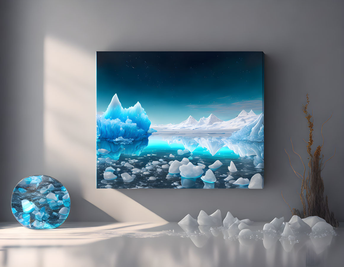 Serene icy landscape canvas with blue icebergs on grey wall beside dried twigs