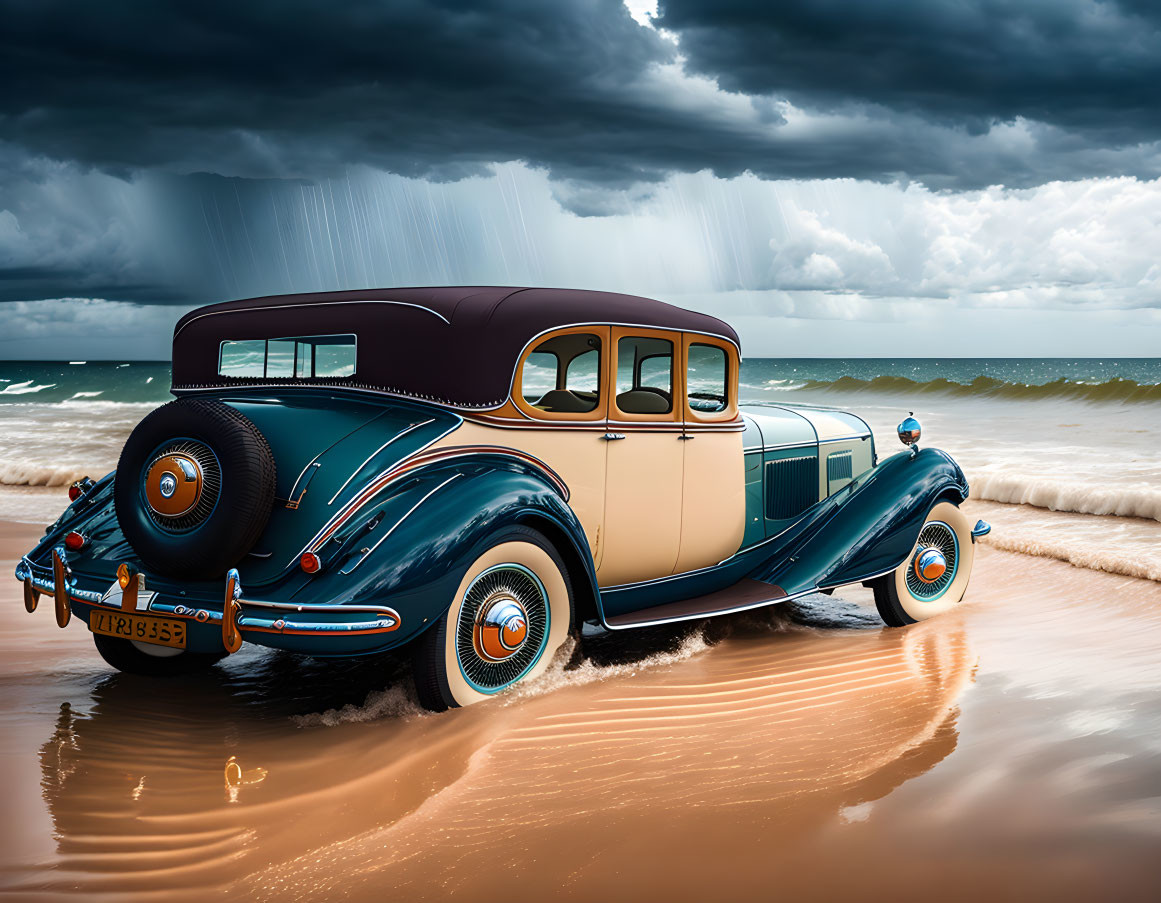 Vintage Car on Sandy Beach with Stormy Skies and Approaching Waves