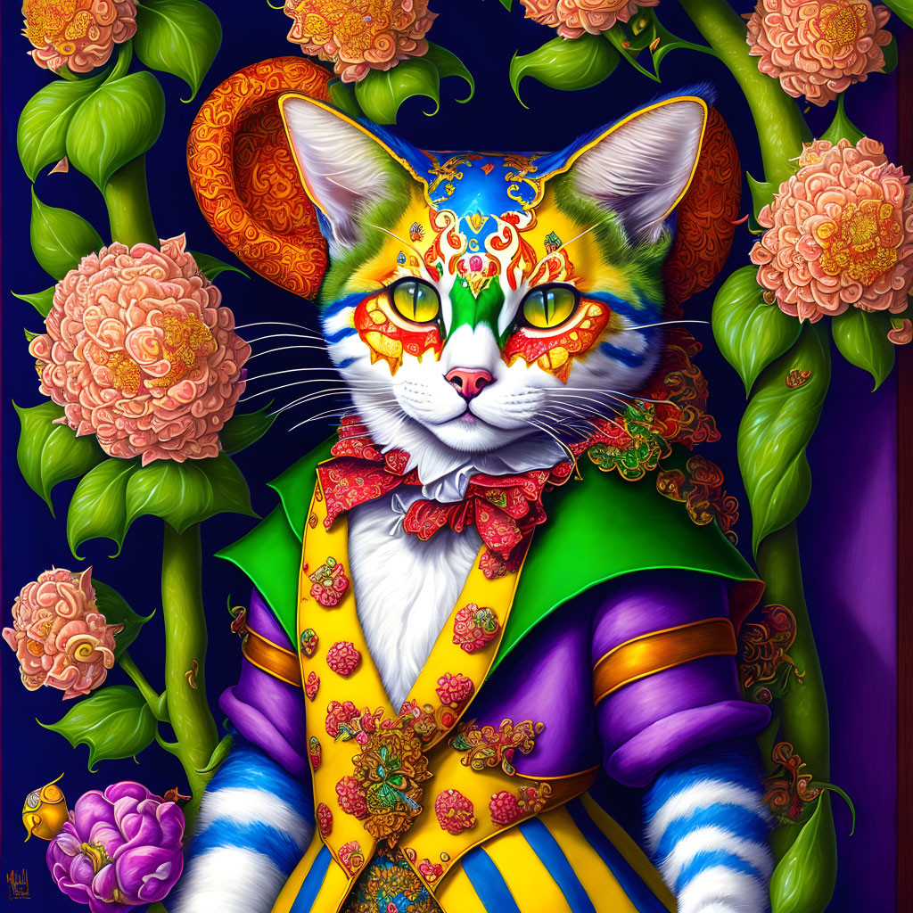 Colorful Cat Artwork with Face Paint and Regal Costume in Floral Setting