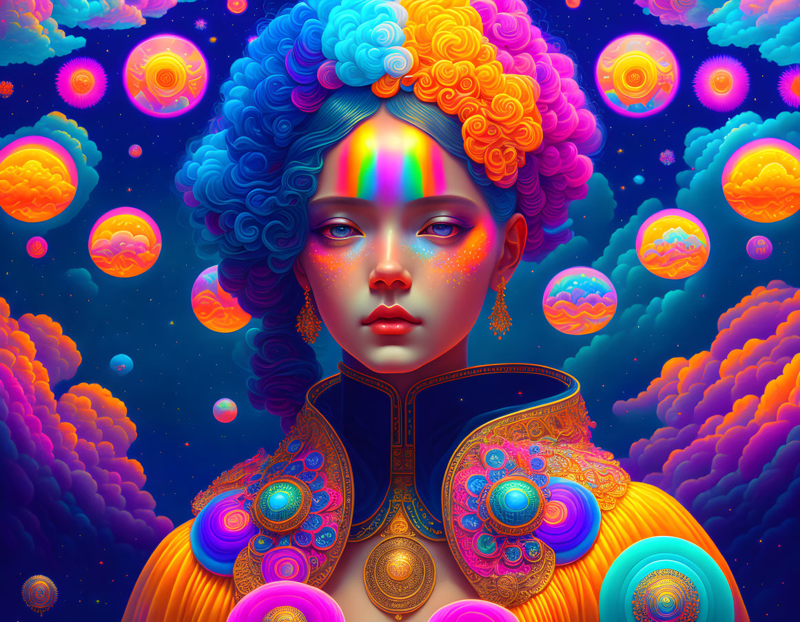 Colorful digital portrait of a woman with whimsical hair in neon fantasy setting