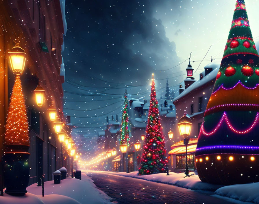 Festive Christmas scene: Snowy street with lights and trees
