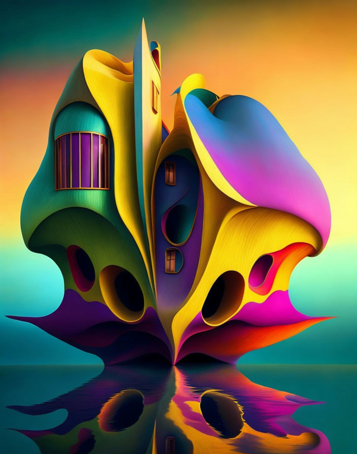 Colorful surreal illustration: whimsical building with flowing shapes and reflective water
