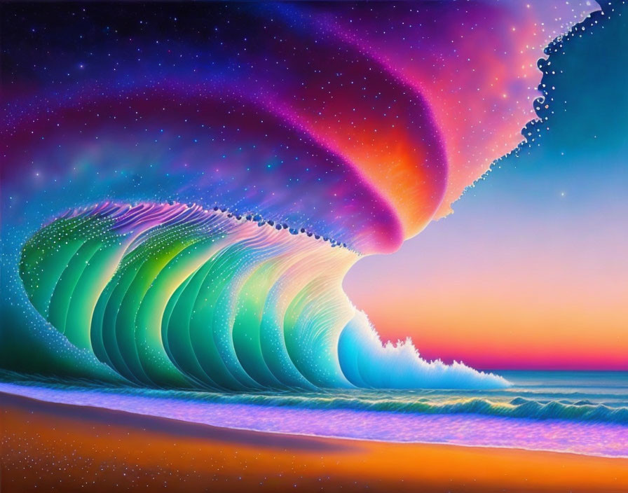 Colorful digital art: Luminescent waves under starry sky merging with beach at sunset