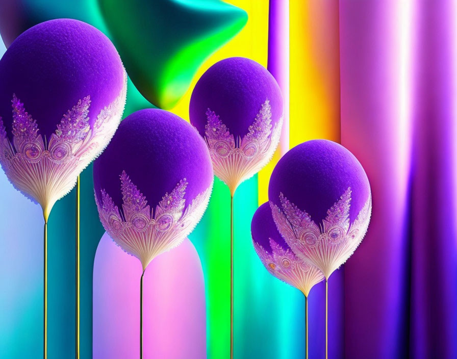 Colorful digital art featuring purple orbs with peacock feathers on rainbow stripes