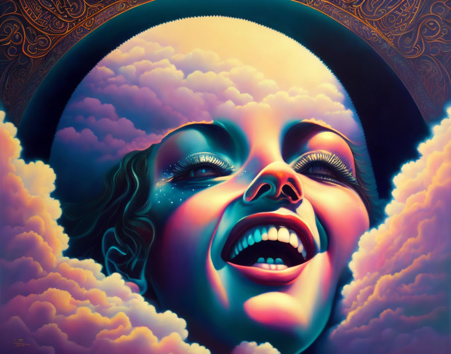 Colorful portrait with clouds and halo pattern representing joy.
