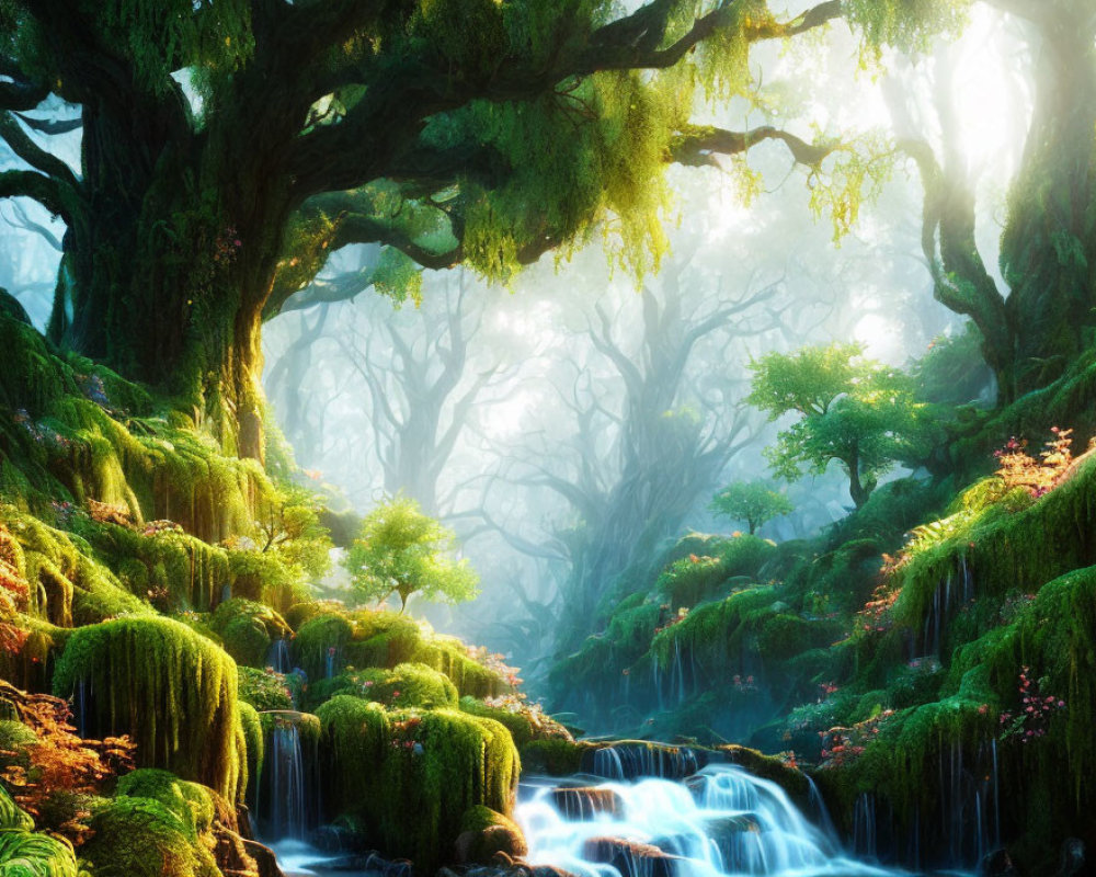 Majestic forest with misty sunlight, lush moss, and waterfall