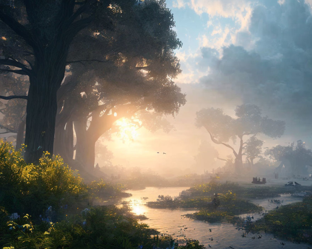 Serene forest landscape with sun rays, mist, water, and towering trees