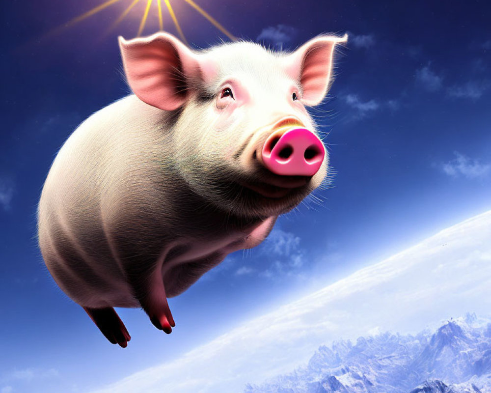 Flying pig in clear blue sky above snowy mountains with bright star