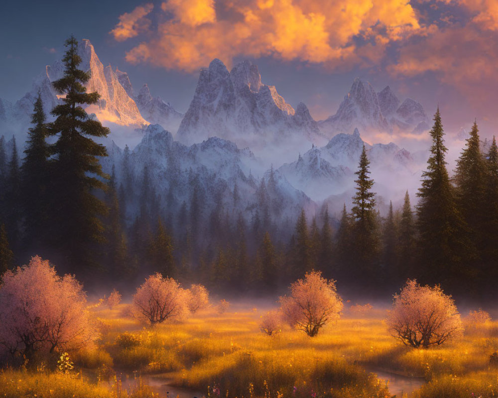 Majestic mountain range at sunrise with pink-flowered trees