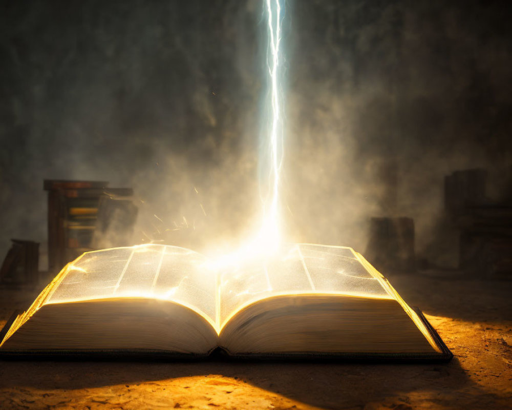 Open book on table with mystical light in dim room