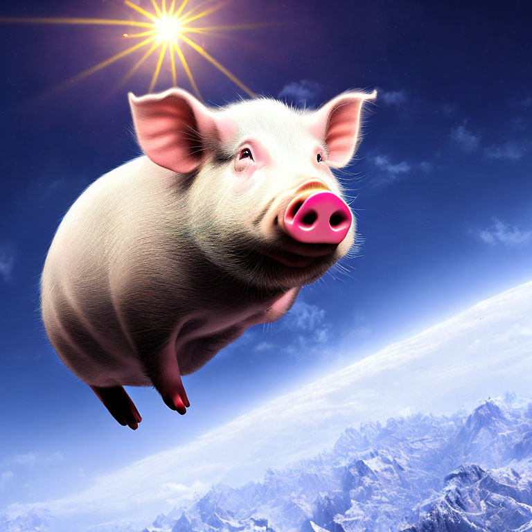 Flying pig in clear blue sky above snowy mountains with bright star