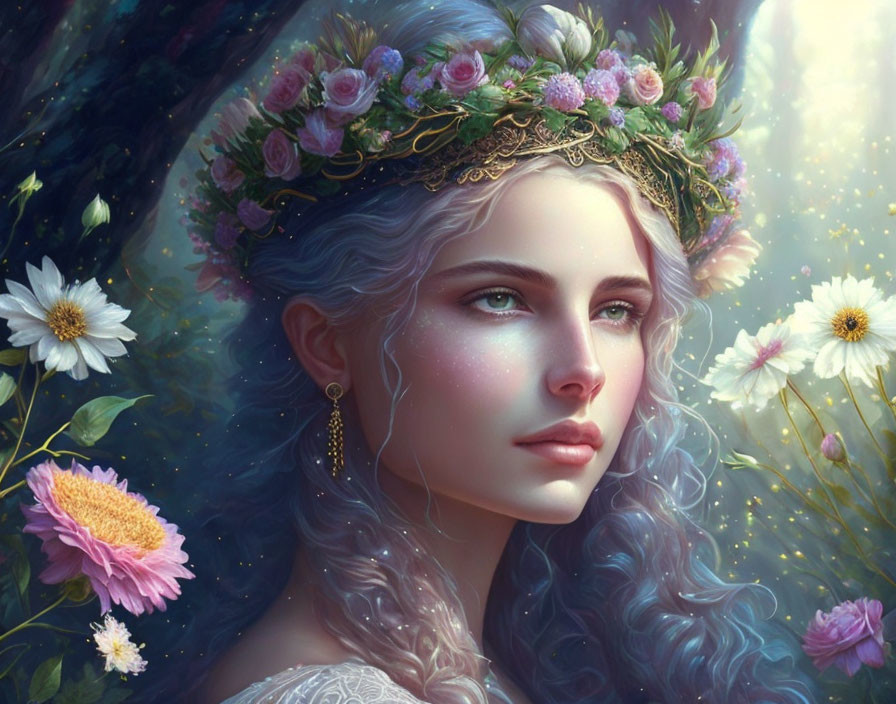 Fantasy portrait of woman with floral headwear and curly hair