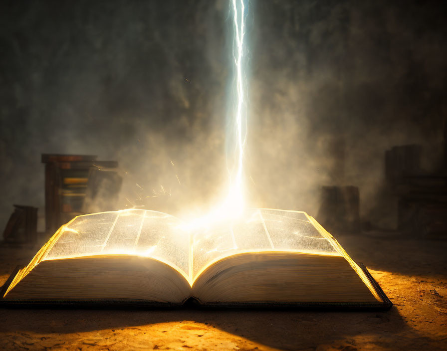 Open book on table with mystical light in dim room