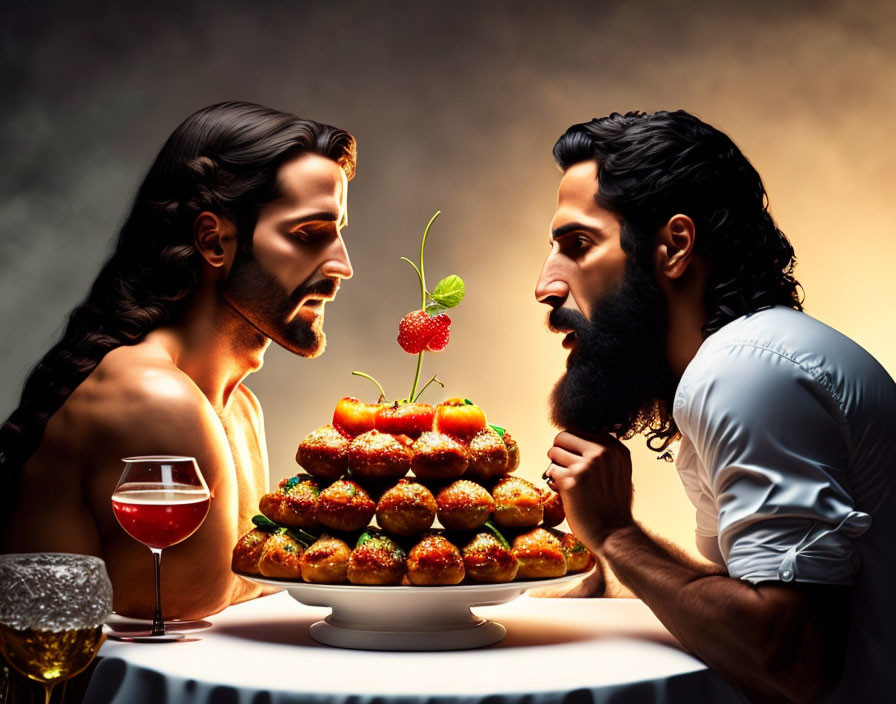 Stylized men in tense stare with strawberry and donuts under dramatic lighting