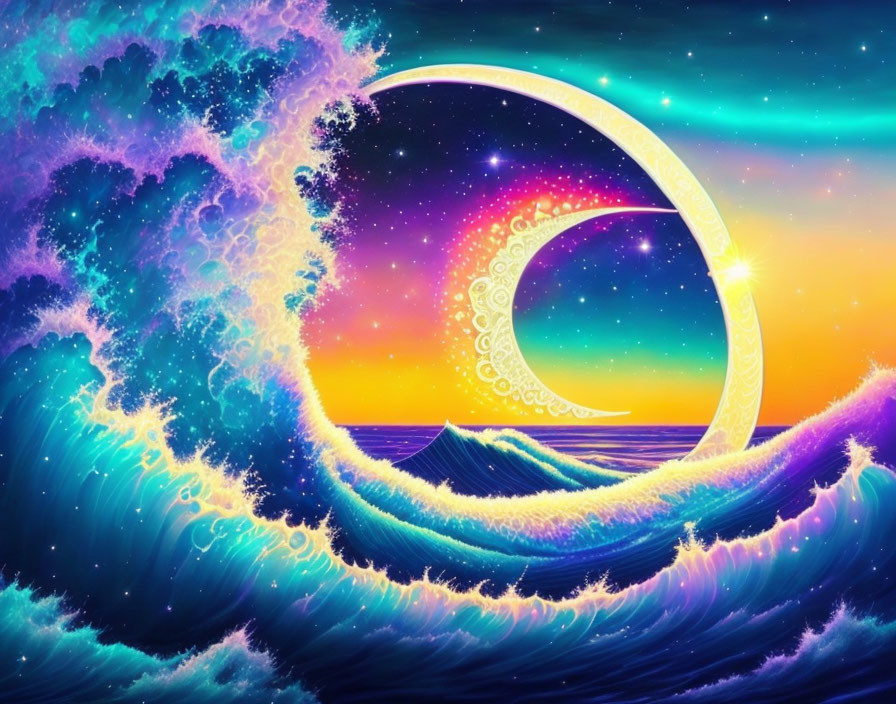 Colorful crescent moon art over surreal ocean with blending waves and starry sky