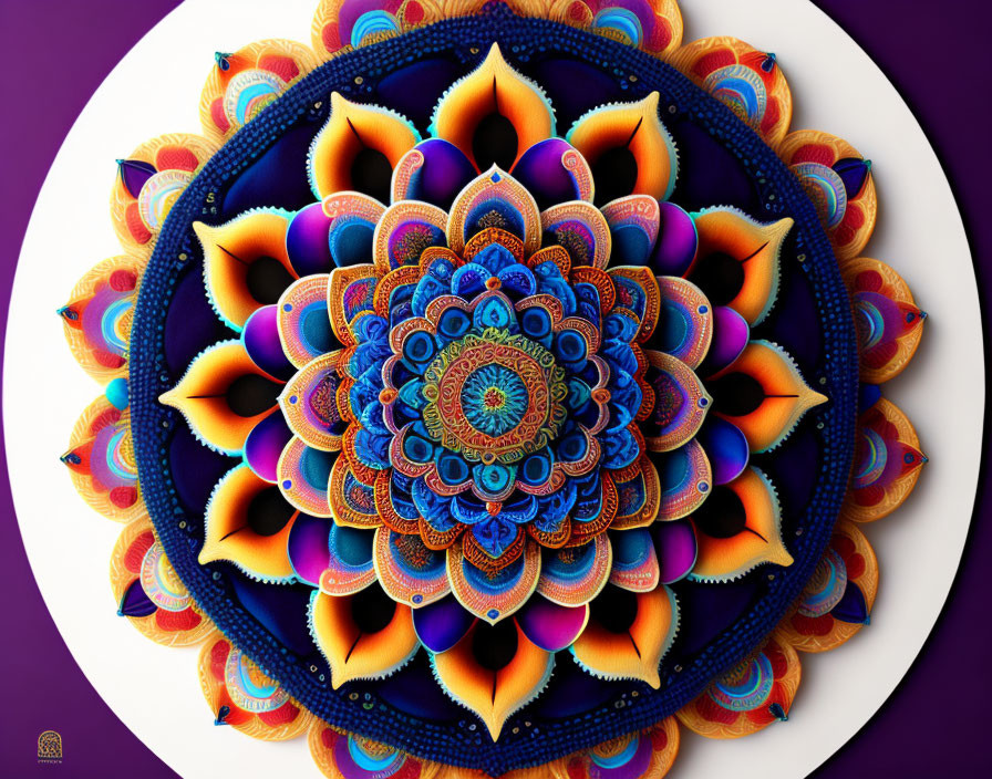 Colorful Multilayered Mandala Fractal Art in Blues, Oranges, and Purp