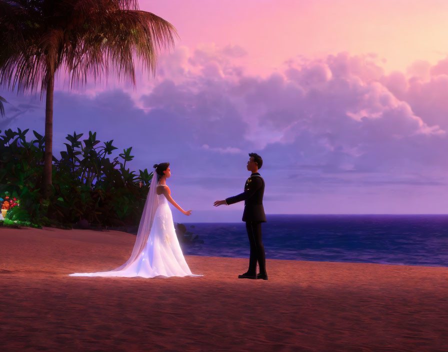 Wedding couple holding hands on beach at sunset with colorful skies and palm trees