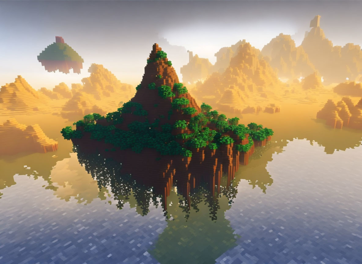 Lush tree-covered floating island in voxel-based graphics