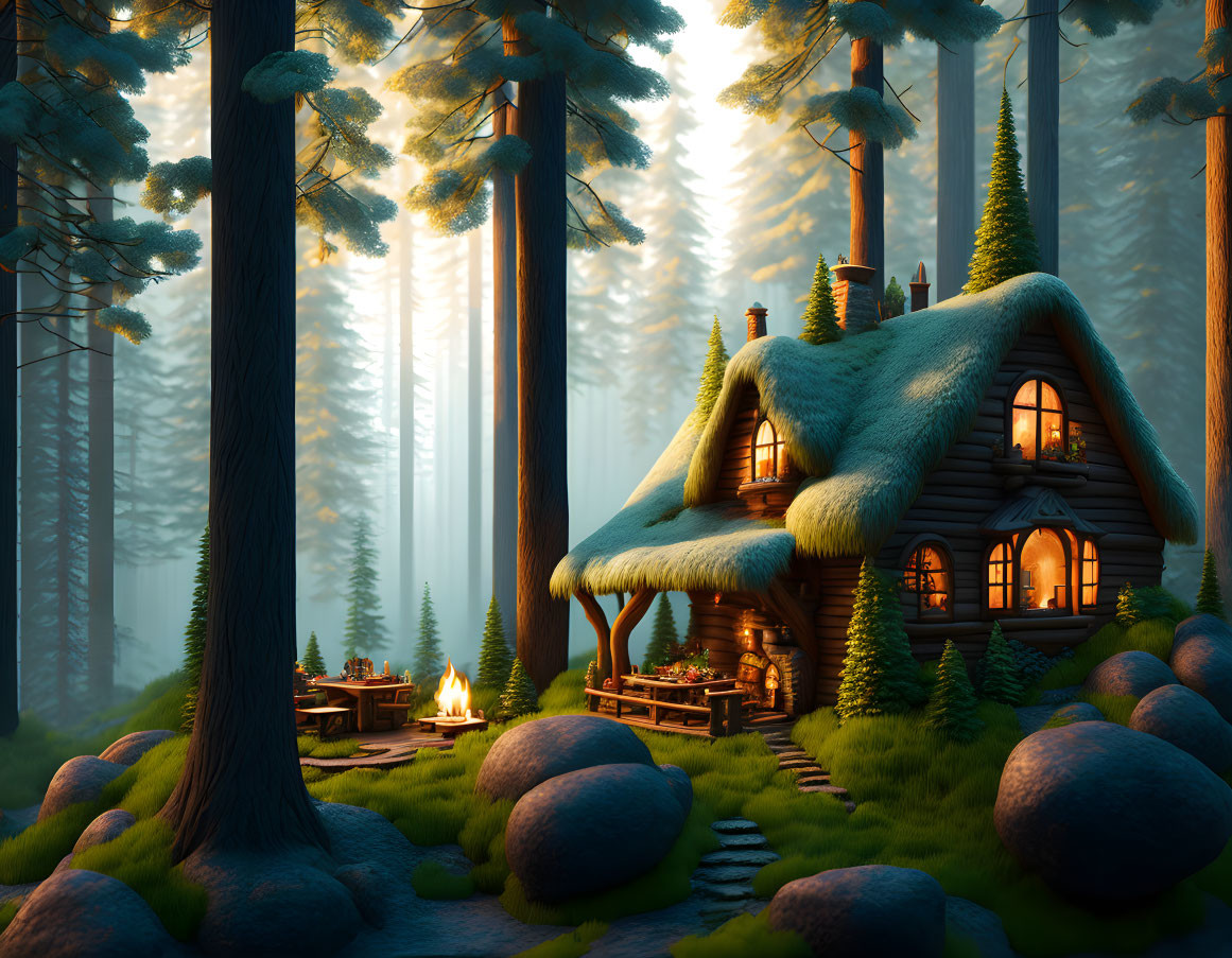 Cozy cottage in serene forest with glowing windows, sunset backdrop, campfire, lush greenery