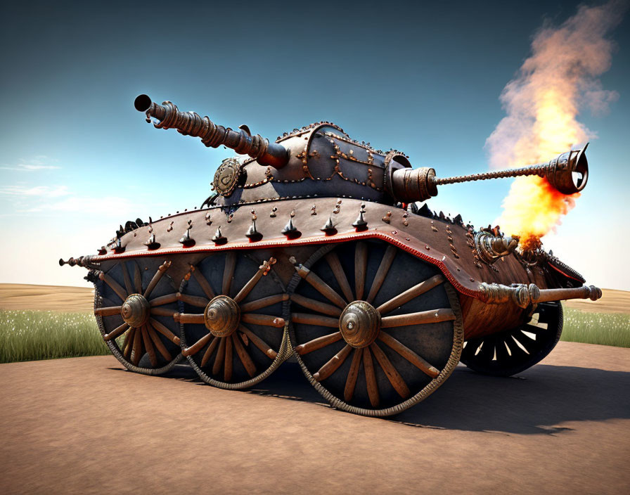 Steampunk-style tank with metal wheels and flames on grassland