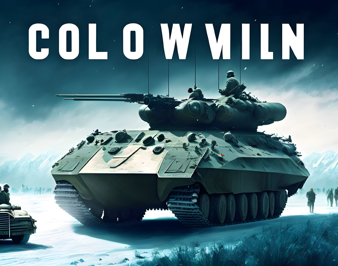 Snow-covered landscape with tank and obscured text - war-themed poster.