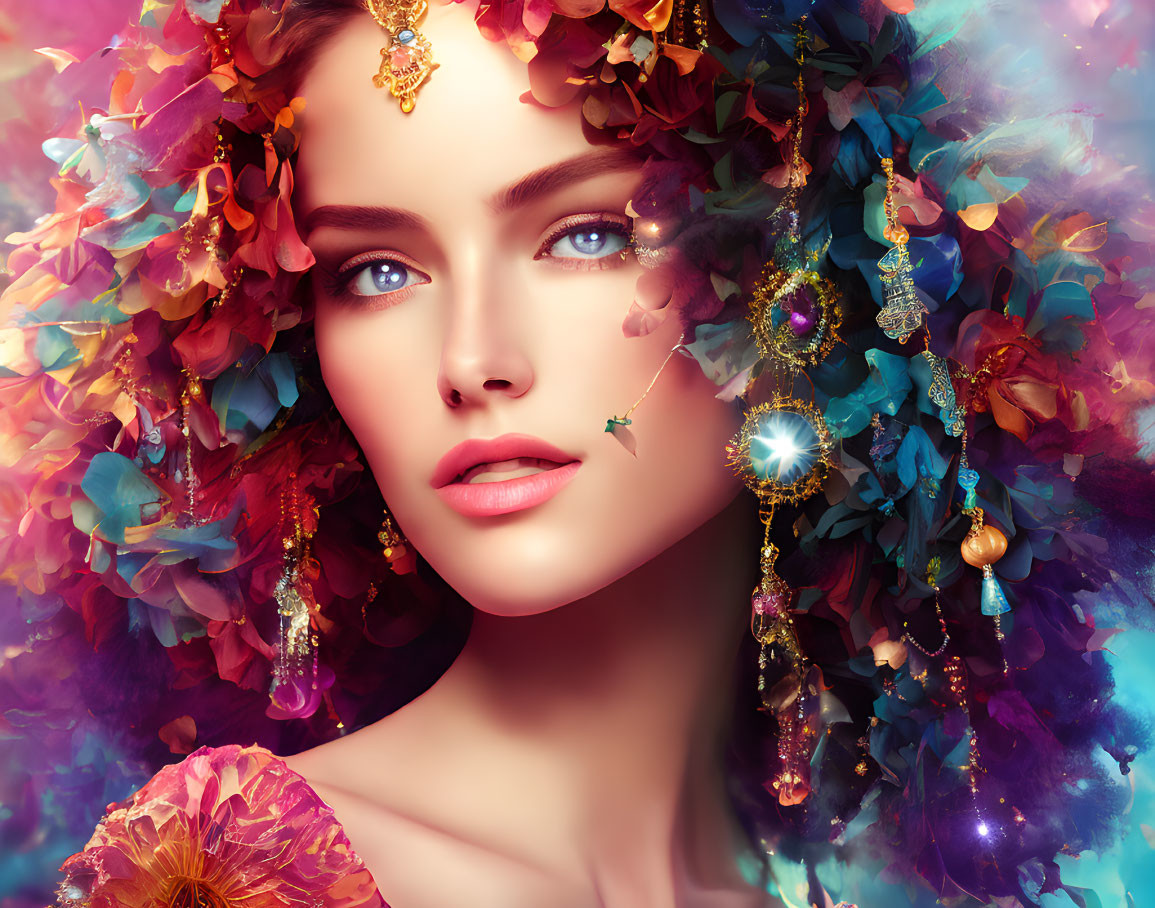 Colorful surreal portrait of a woman with vibrant flowers and intricate jewelry