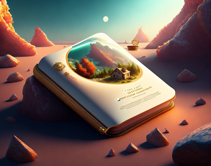 3D Landscape Pops Out from Open Book against Surreal Background
