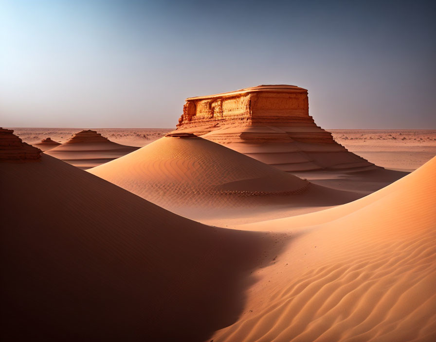 Tranquil desert landscape: windswept dunes and sandstone formation at dusk