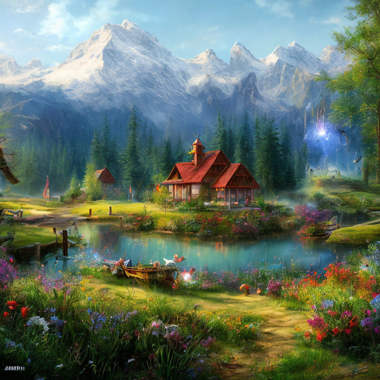 Tranquil cottage by lake with mountains, flowers, boat, and blue portal in serene forest.