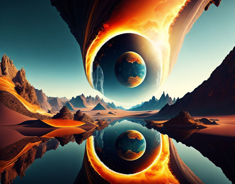 Surreal landscape with mirrored terrain and cosmic anomaly showcasing two planets, one engulfed in fiery atmosphere
