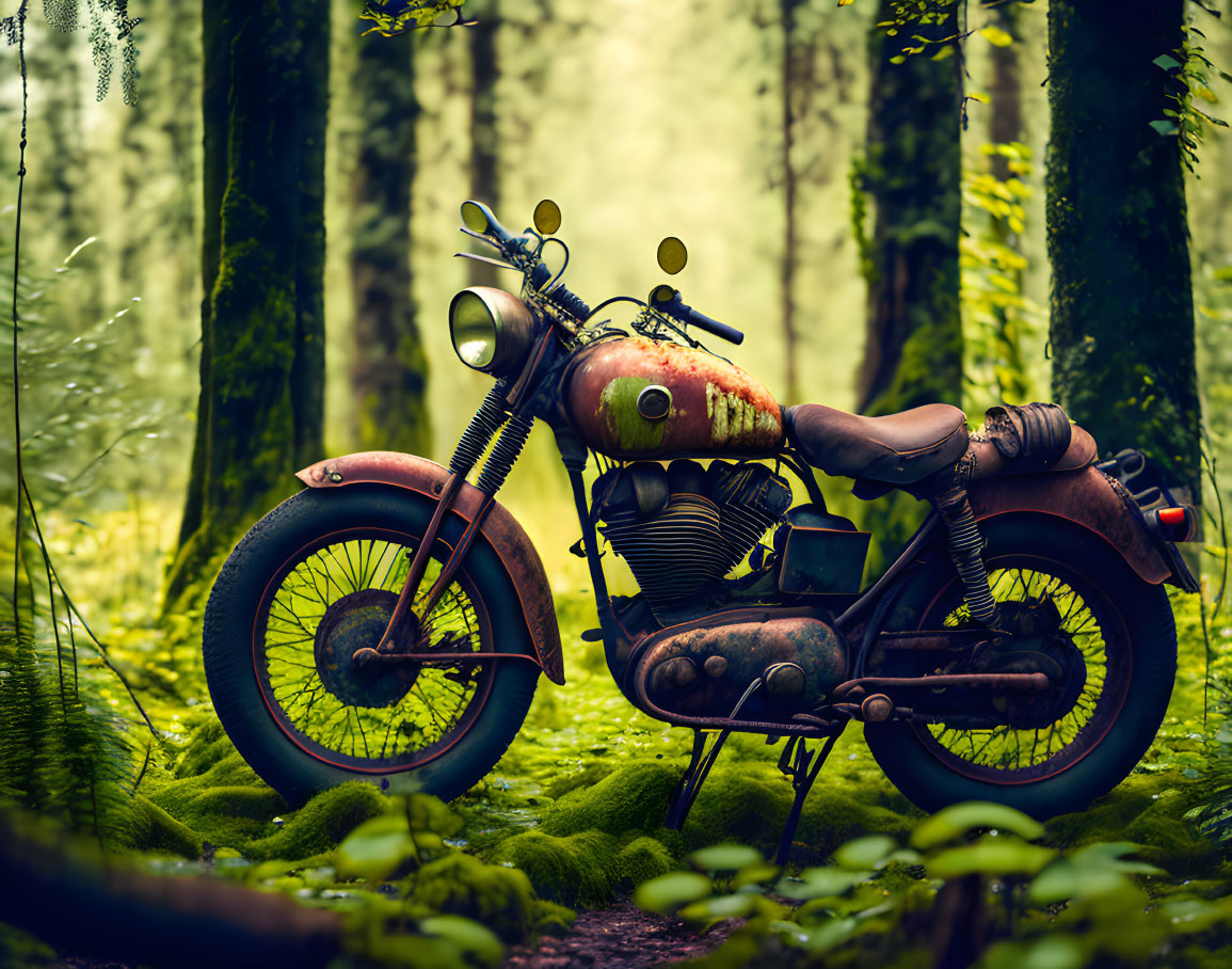 Rusty vintage motorcycle in lush green forest with foggy backdrop