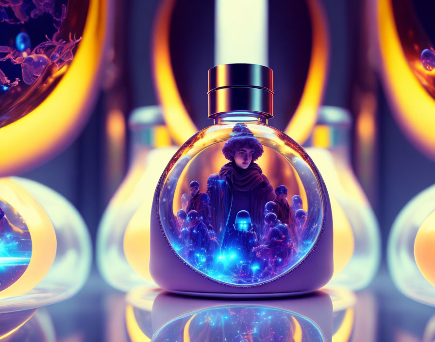 Futuristic potion bottle with person inside, surrounded by glowing figures and blue lights on dark background.