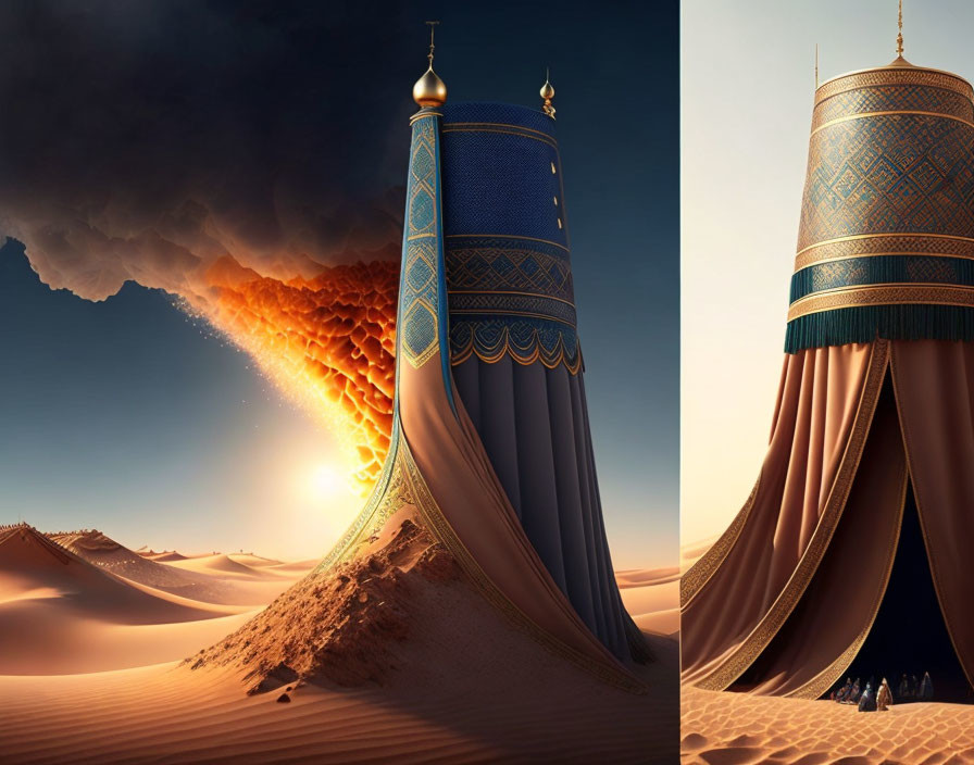 Surreal desert scene with curtains and fiery vortex