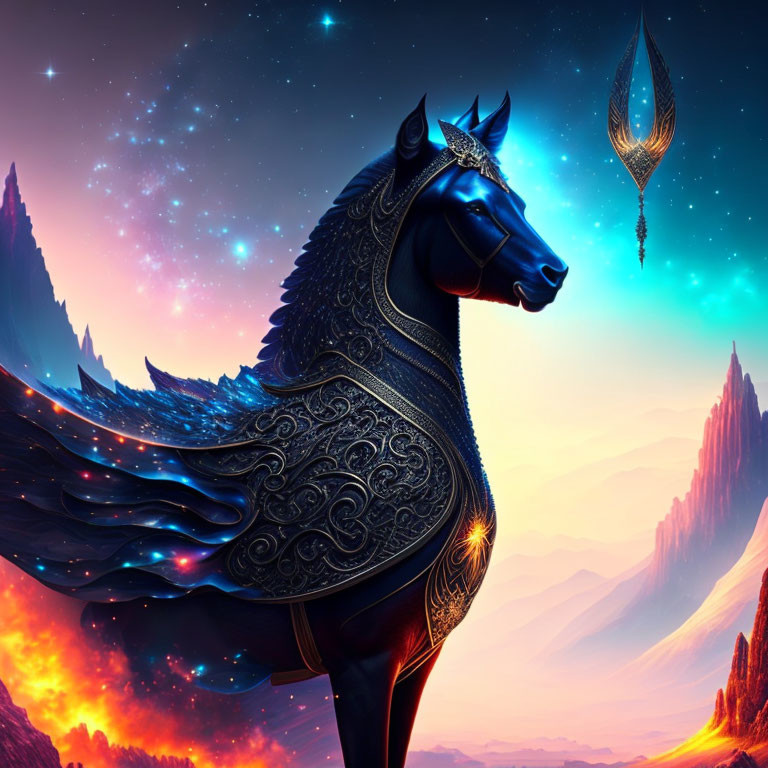 Majestic black horse in ornate armor against celestial background