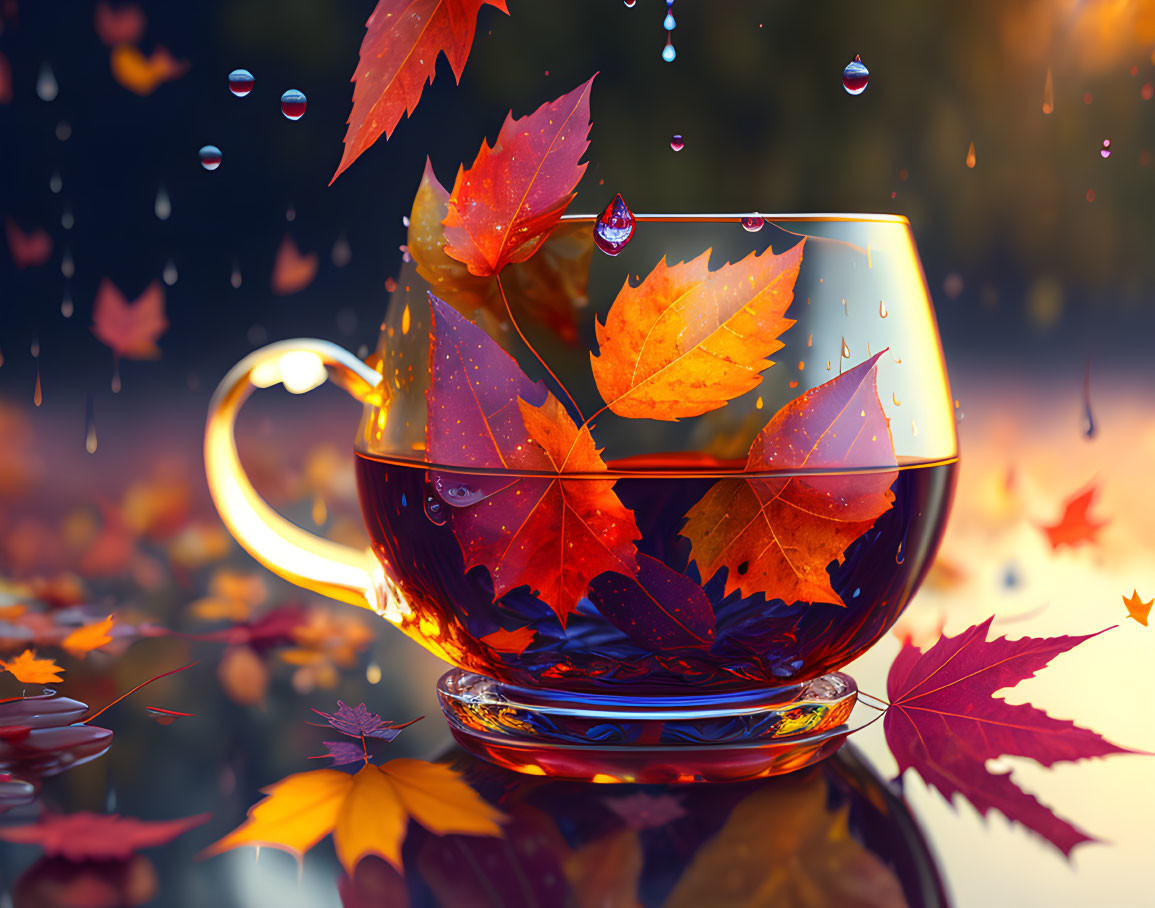 Transparent teacup with autumn leaves and raindrops suspended in the air