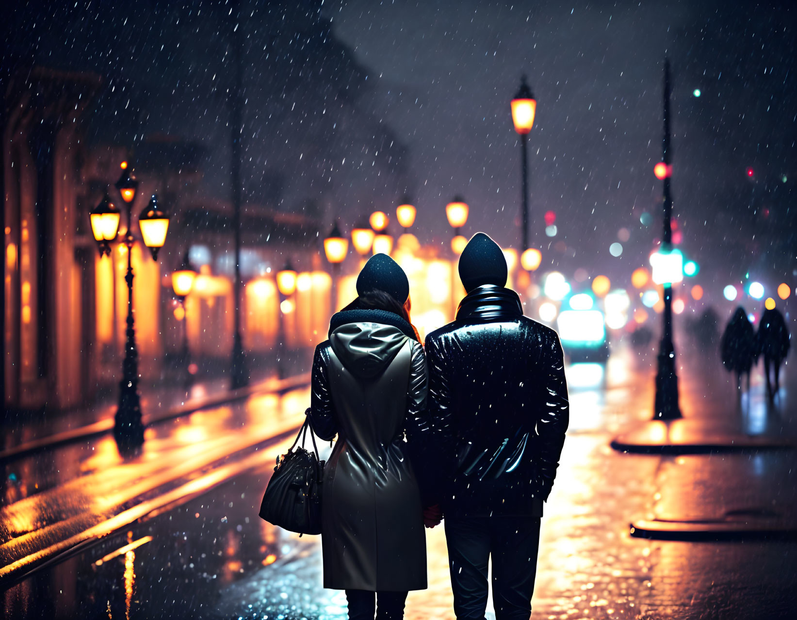 Nighttime city street scene with two people walking closely in rain and snow.
