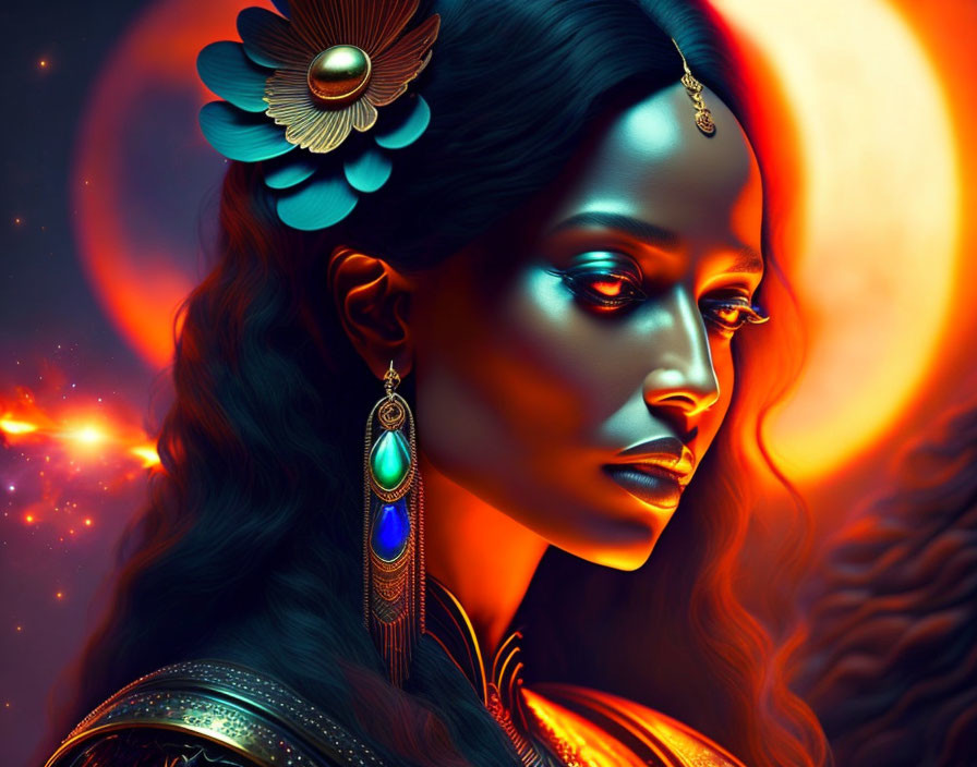 Digital artwork: Woman with glowing blue eyes in cosmic scene with lion and fiery hues