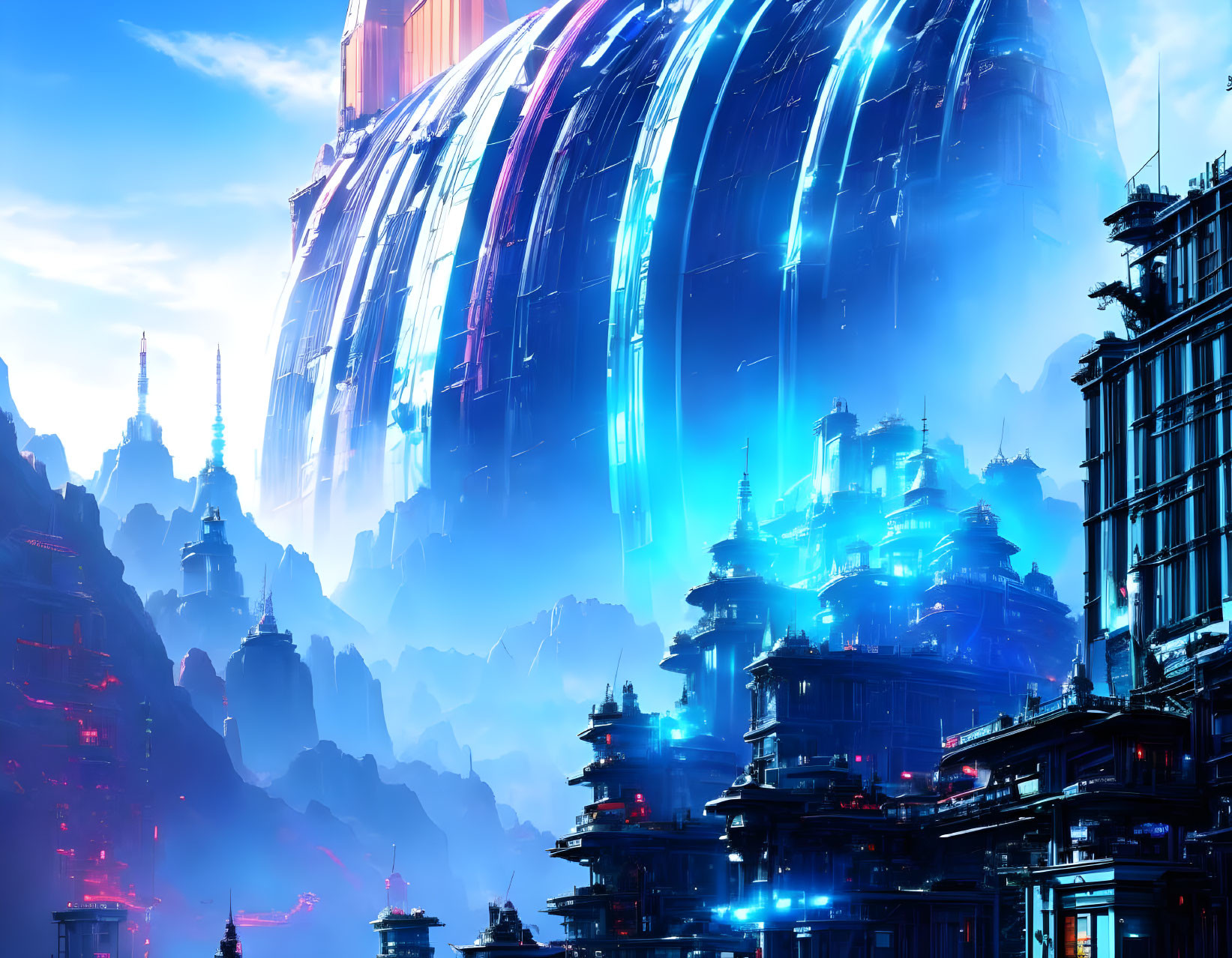 Futuristic cityscape with neon lights, skyscrapers, and glowing dome against mountains