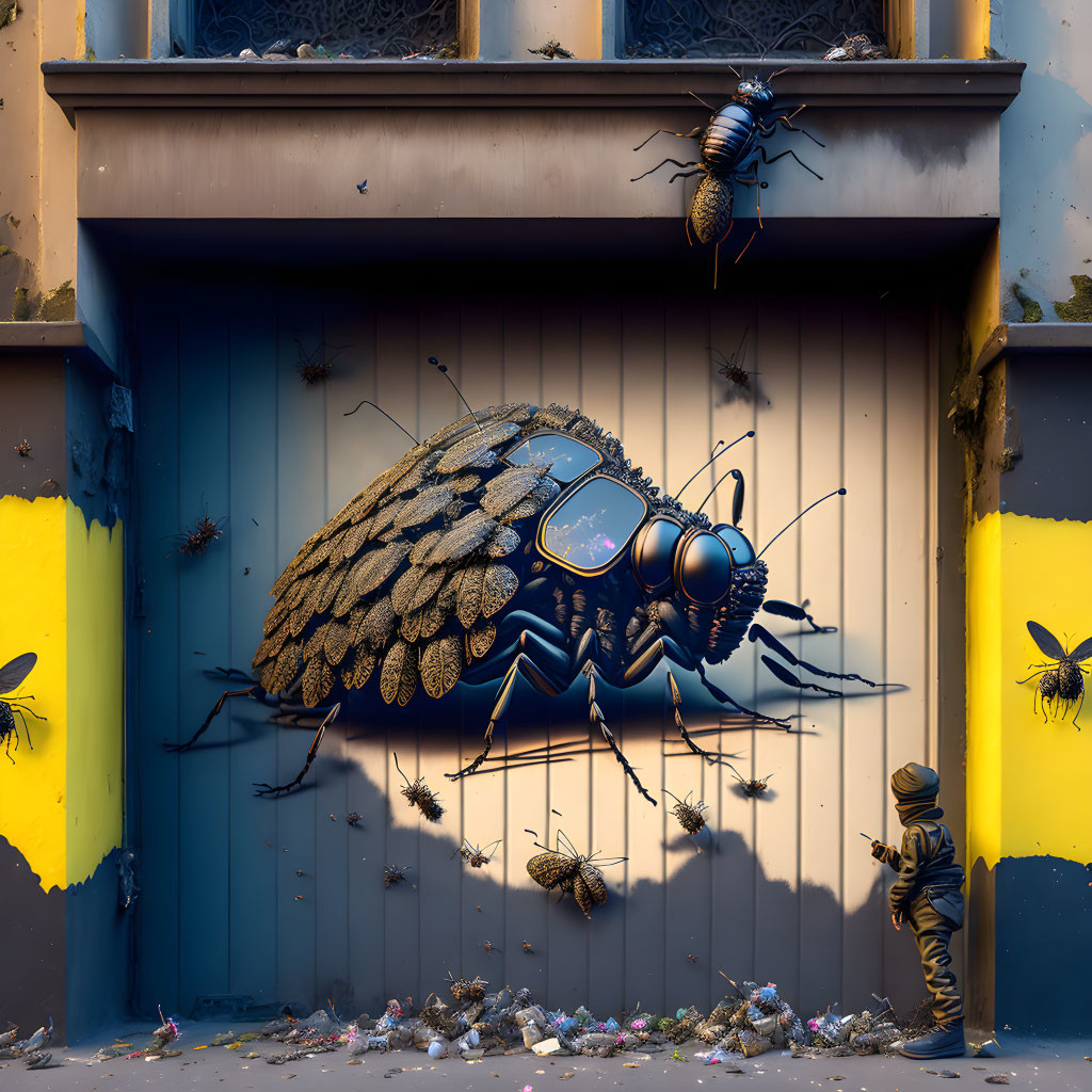 banksy-styled graffiti of insects crawling out of 