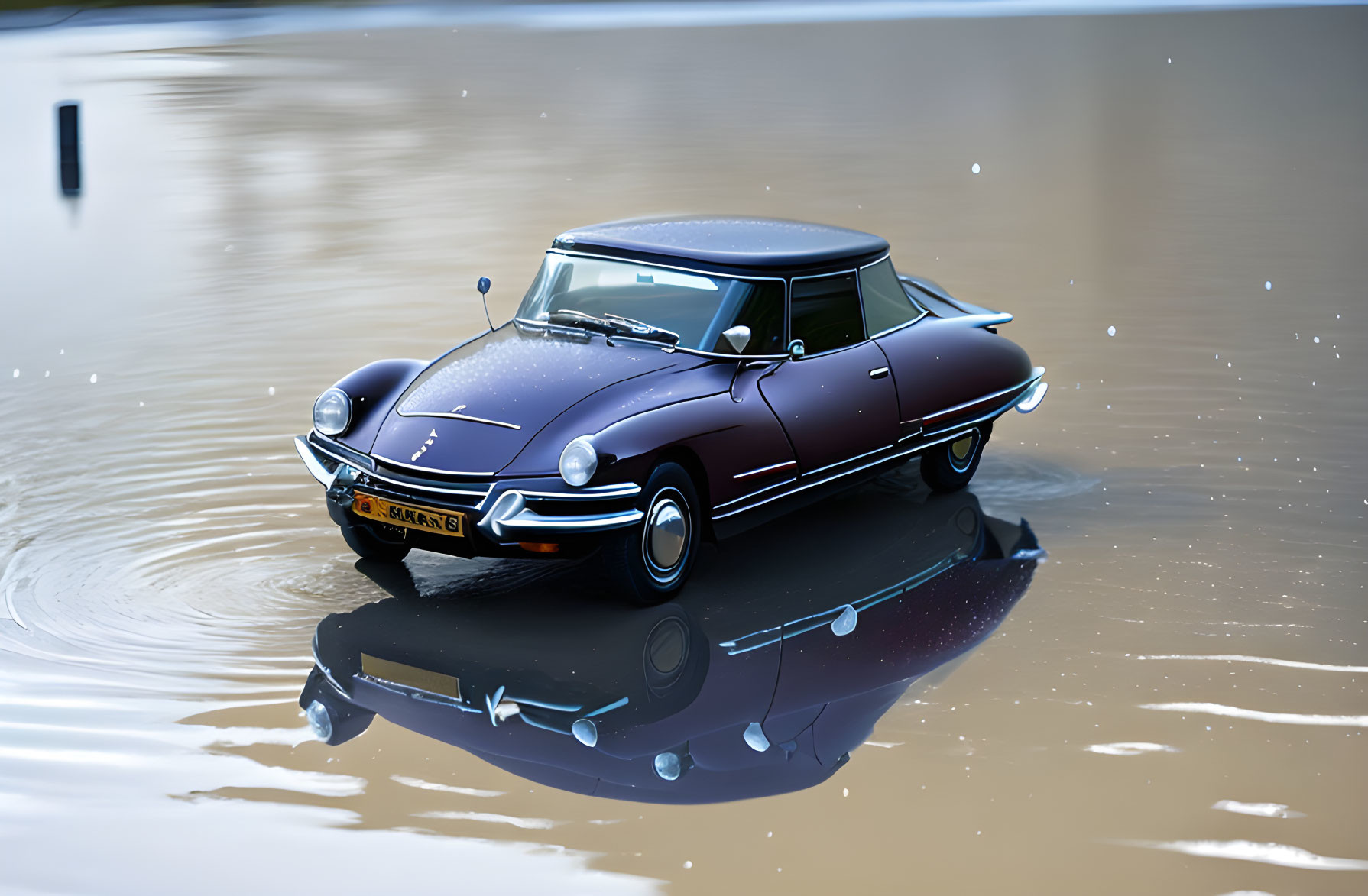 Vintage Dark Blue Car Reflected on Wet Surface