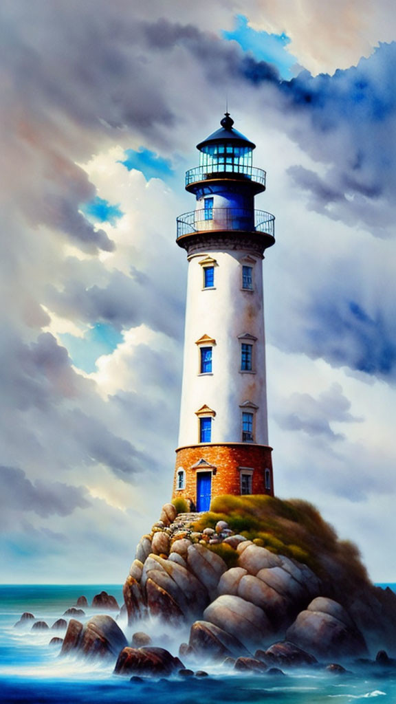 Tranquil painting of isolated lighthouse on rocky outcrop